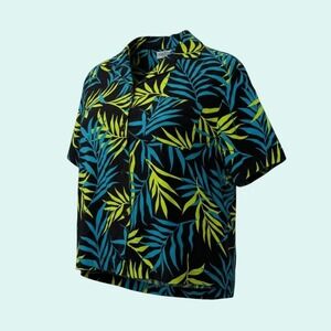Marsh Landing Women's Blouse M Black Blue Green Rayon Tropical Palm Button Front